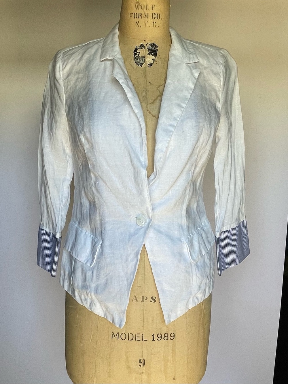 White Linen Single-Button Blazer with Striped Cuff